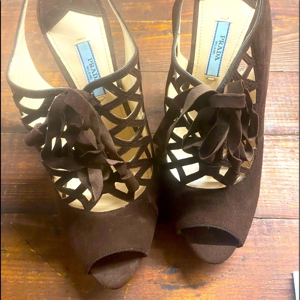 Prada suede cage heels with bow- camoscio Moro Dominatrix superb